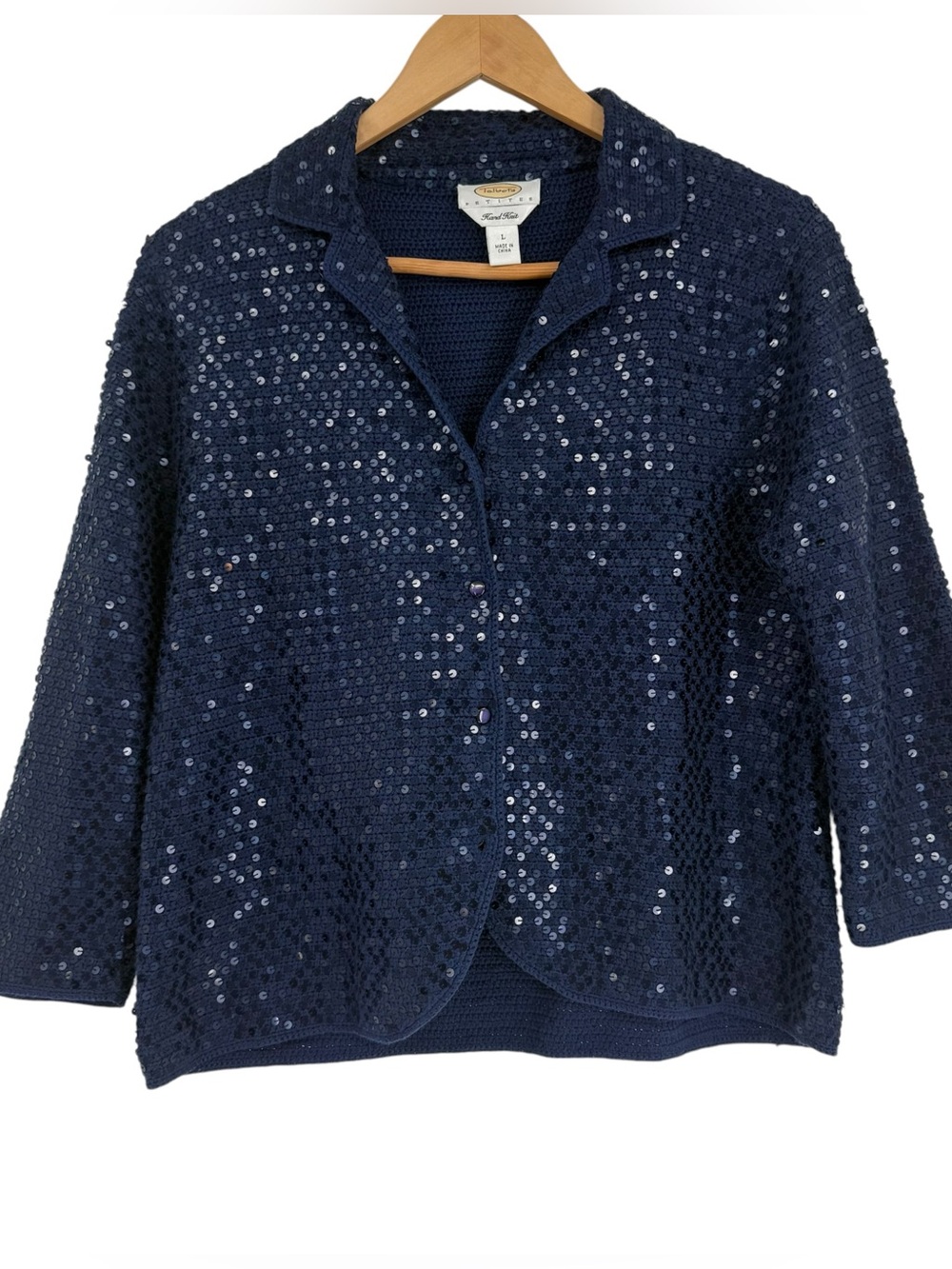 Talbots Blue Sequin Hand Knit Blazer Sweater Silk Cotton Blend Size LP Button
